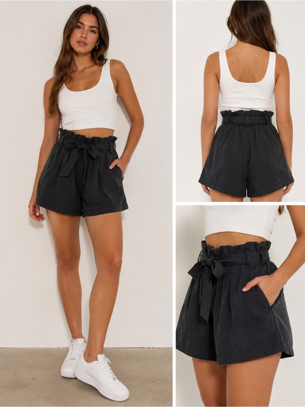 Zara Black High-Waist Paperbag Shorts with Tie Belt